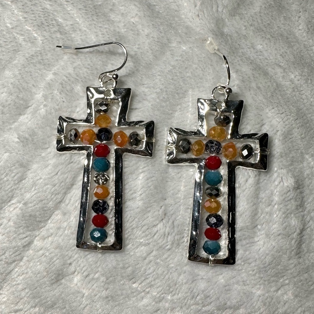 Boho Natural Stone Glass Braided Cross Earrings